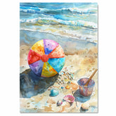Watercolor Painting of Beach Ball and Seashells on Shoreline with Gentle Waves and Sunlit Sand for Coastal Summer Vibes on Ready to Hang 1.5" Thick Canvas Wrap, Floating Framed Canvas, Flat Rolled Canvas